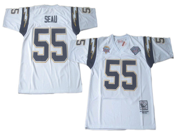 Mens San Diego Chargers #55 Junior Seau Mitchell & Ness White NFL Throwback Football Jersey