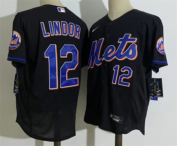 Mens New York Mets #12 Francisco Lindor Nike 2022 Black Alternate Player Jersey
