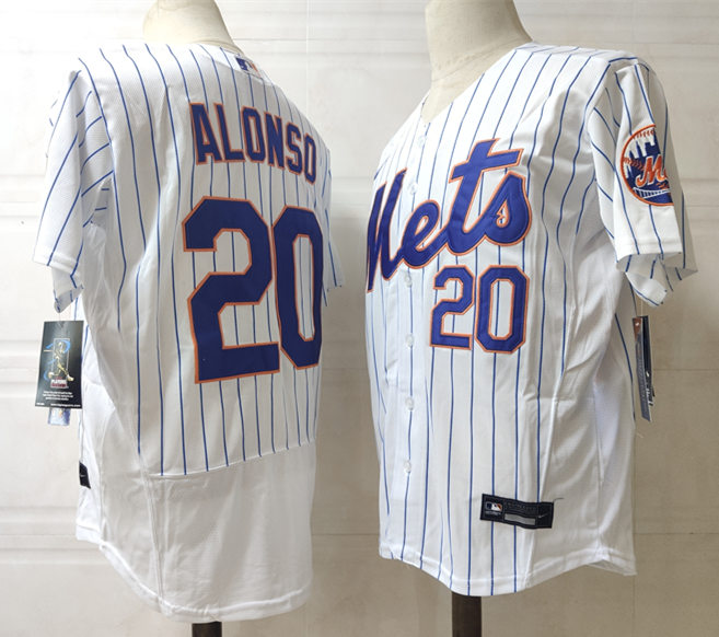 Men's New York Mets #20 Pete Alonso Home White Pinstripe Stitched Nike MLB Flex Base Jersey
