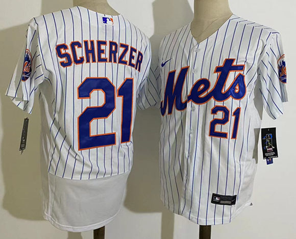 Mens New York Mets #21 Max Scherzer Nike Home White Pinstripe FlexBase Jersey