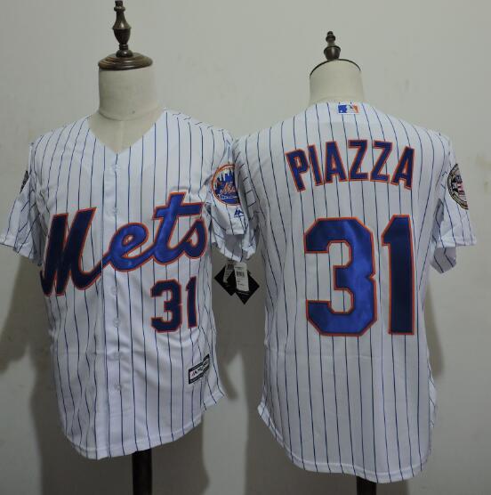 Men's New York Mets #31 Mike Piazza Home White Pinstripe Authentic Cool Base Jersey with 2016 HOF patch