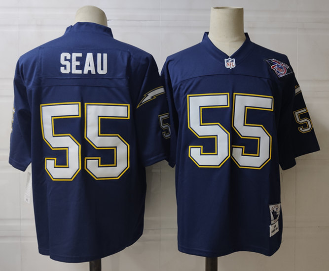 Mens NFL San Diego Chargers #55 Junior Seau Navy Blue Mitchell&Ness Throwback Football Jersey