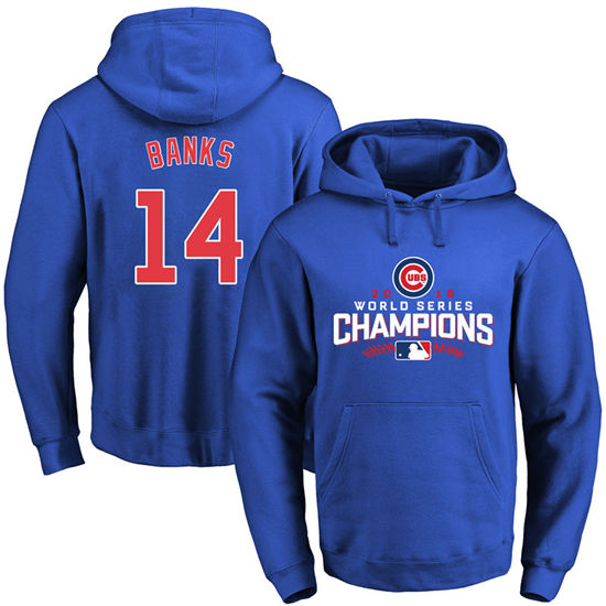 Men's Chicago Cubs Retired Player #14 Ernie Banks Royal 2016 World Series Champions Walk Pullover Hoodie