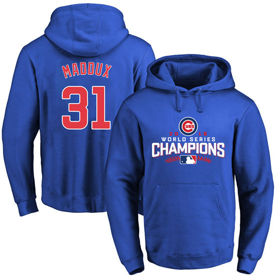 Men's Chicago Cubs Retired Player #31 Greg Maddux Royal 2016 World Series Champions Walk Pullover Hoodie