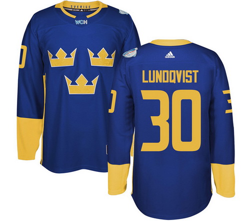 Men's Team Sweden #30 Henrik Lundqvist Adidas Blue 2016 World Cup Of Hockey Custom Player Stitched Jersey