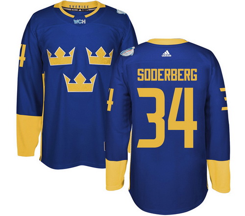 Men's Team Sweden #34 Carl Soderberg Adidas Blue 2016 World Cup of Hockey Jersey