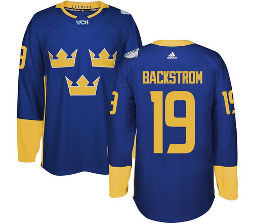 Men's Team Sweden #19 Nicklas Backstrom Adidas Blue 2016 World Cup Of Hockey Custom Player Stitched Jersey