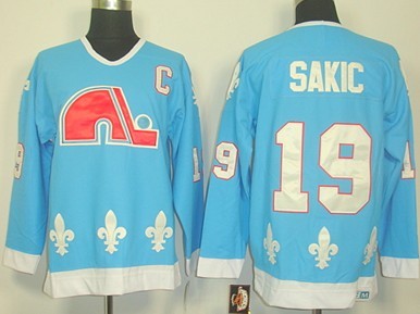 Men's Quebec Nordiques #19 Joe Sakic Light Blue CCM Vintage Throwback Jersey