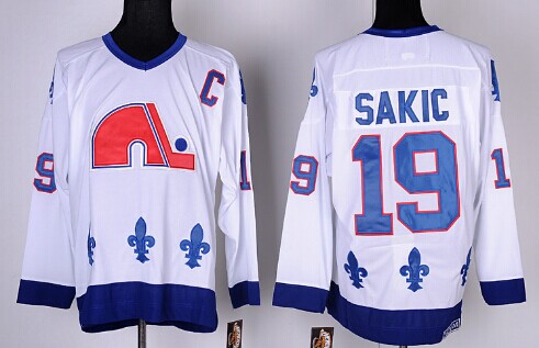 Men's Quebec Nordiques #19 Joe Sakic 1991-92 White CCM Vintage Throwback Jersey