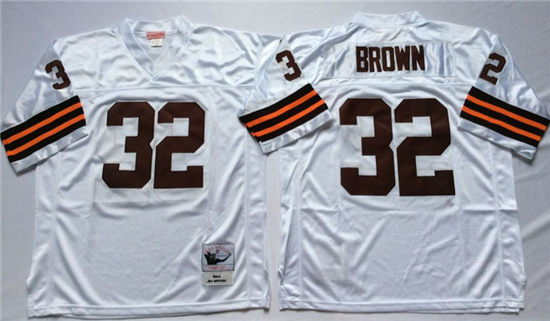 Mens Cleveland Browns #32 Jim Brown Mitchell&Ness White Throwback Jersey