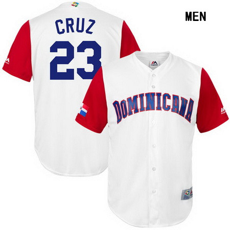 Men's Dominican Republic Baseball #23 Nelson Cruz Majestic White 2017 World Baseball Classic Stitched Replica Jersey