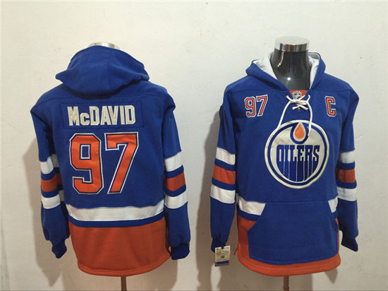 Men's Edmonton Oilers #97 Connor McDavid NEW Royal Blue Stitched NHL Old Tim Hockey Hoodie