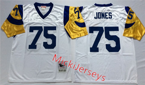 Mens St. Louis Rams #75 Deacon Jones White Mitchell & Ness Throwback Vintage Football Jersey