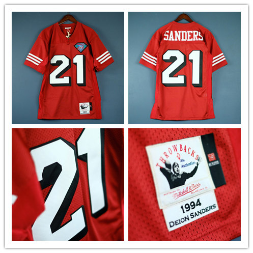 Men's San Francisco 49ers #21 Deion Sanders Red 75TH throwback NFL Jersey