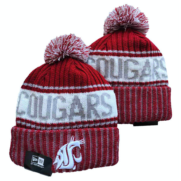NCAA Washington State Cougars Red White Cuffed Pom Knit Hat YD2021114  (6)