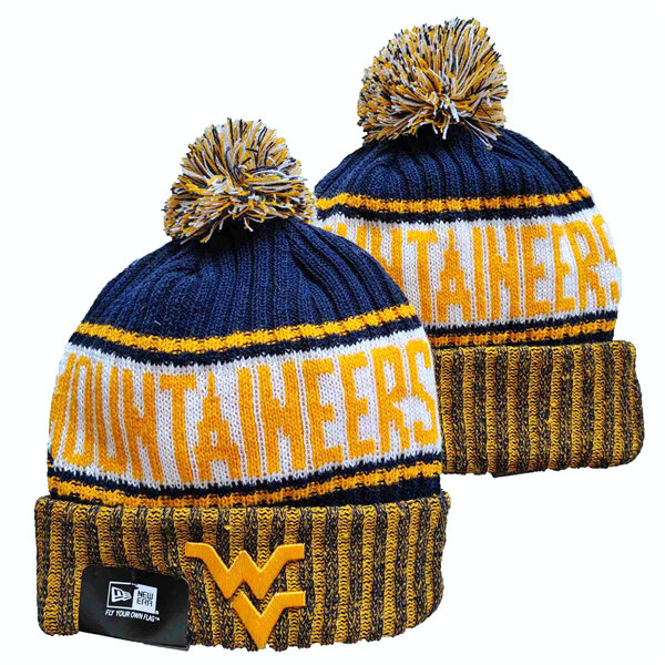 NCAA West Virginia Mountaineers Navy White Gold Embroidered Cuffed Pom Knit Hat YD2021114