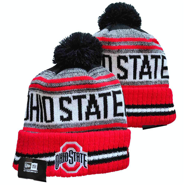 NCAA Ohio State Buckeyes Black White Red Embroidered Cuffed Pom Knit Hat YD2021114  (1)