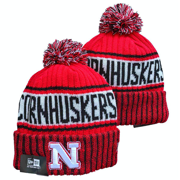 NCAA Nebraska Cornhuskers Red White Embroidered Cuffed Pom Knit Hat YD2021114  (39)