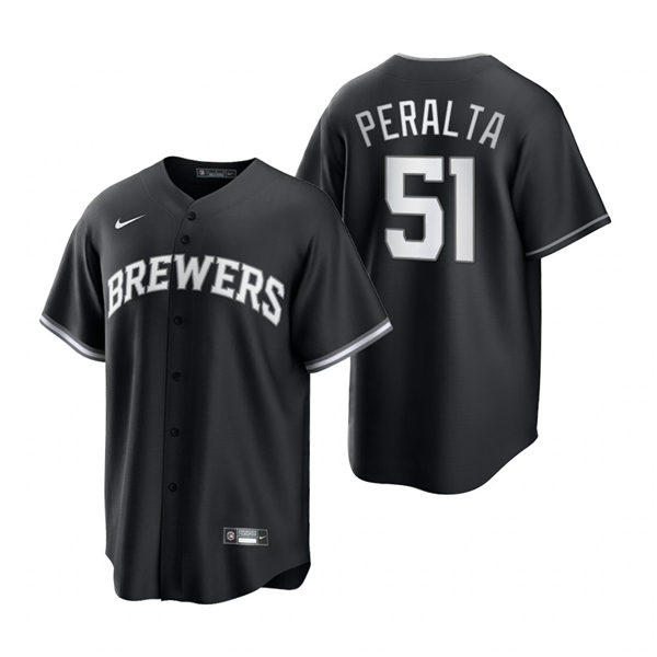 Mens Milwaukee Brewers #51 Freddy Peralta Nike 2021 Black Stitched Fashion Jersey