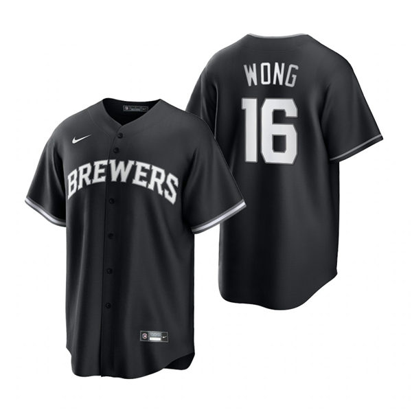 Mens Milwaukee Brewers #16 Kolten Wong Nike 2021 Black Stitched Fashion Jersey
