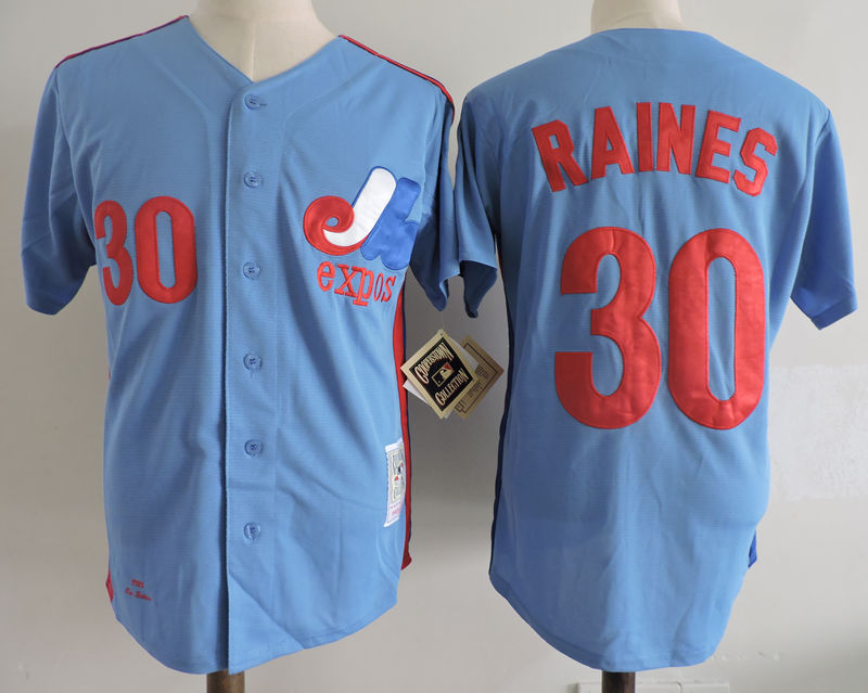 Youth Montreal Expos #30 Tim Raines Blue Cooperstown Throwback Jersey