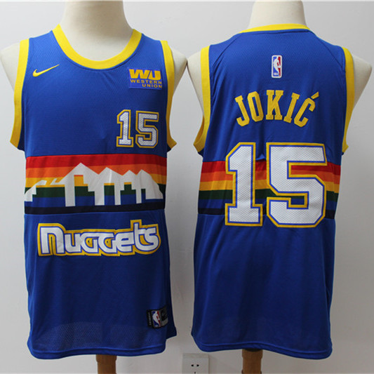 Mens Denver Nuggets #15 Nikola Jokic  Nike Blue Rainbow Retro Basketball Jersey