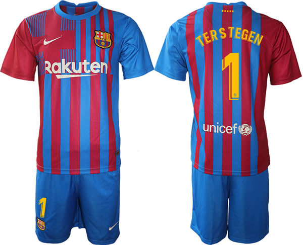 Mens Barcelona #1 Marc-Andre ter Stegen 2021 Red Blue Home Soccer Jersey kit