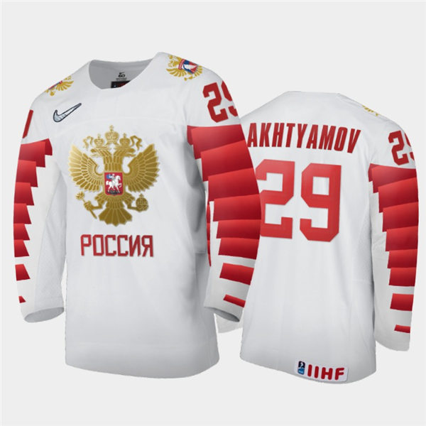 Mens Russia Hockey Team Artur Akhtyamov #29 Stitched 2021 IIHF World Junior Championship Home White Jersey