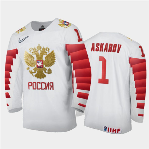 Mens Russia Hockey Team Yaroslav Askarov #1 Stitched 2021 IIHF World Junior Championship Home White Jersey