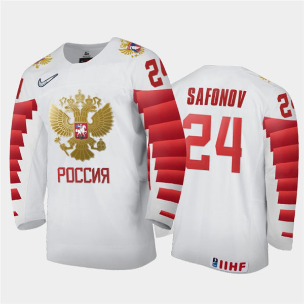 Mens Russia Hockey Team Ilya Safonov #24 Stitched 2021 IIHF World Junior Championship Home White Jersey
