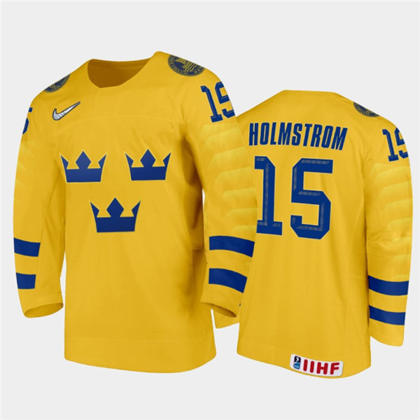 Mens Sweden Hockey Team Simon Holmstrom #15 Stitched 2021 IIHF World Junior Championship Home Yellow Jersey