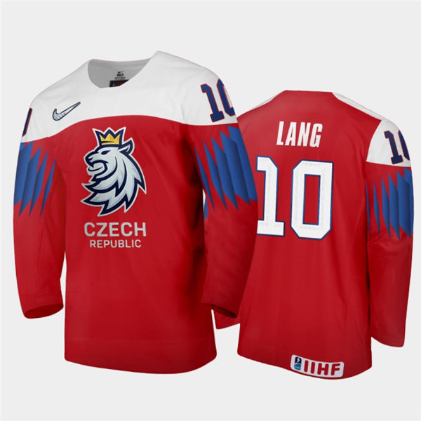 Mens Czech Republic Hockey Team #10 Martin Lang Stitched 2021 IIHF World Junior Championship Away Red Jersey