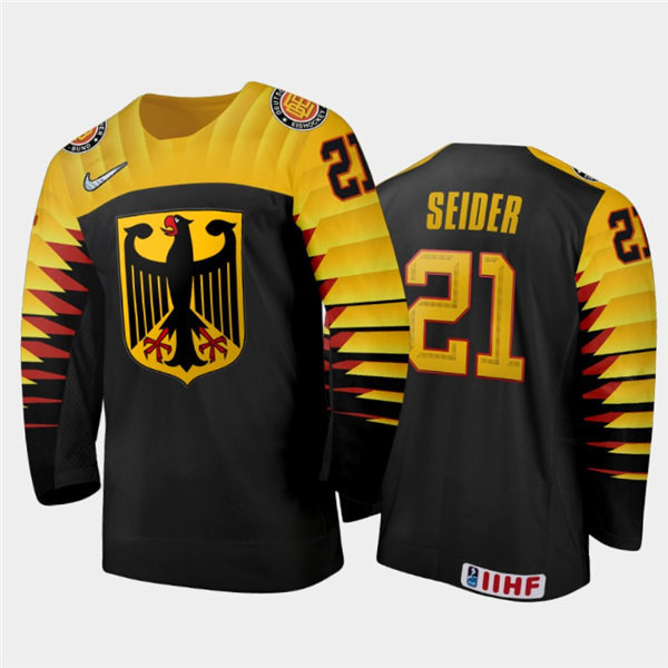 Mens Germany Hockey Team Moritz Seider #21 Stitched 2021 IIHF World Junior Championship Away Black Jersey
