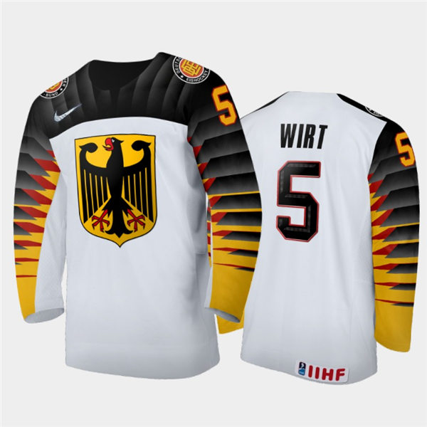 Mens Germany Hockey Team Daniel Wirt #5 Stitched 2021 IIHF World Junior Championship Home White Jersey