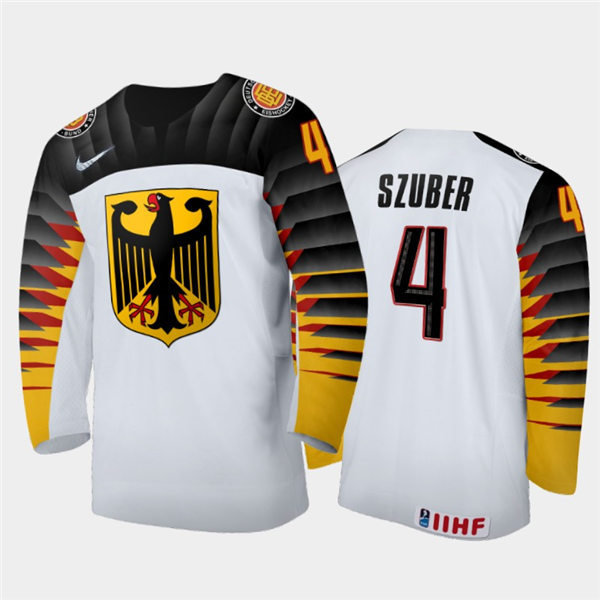Mens Germany Hockey Team Maksymilian Szuber #4 Stitched 2021 IIHF World Junior Championship Home White Jersey