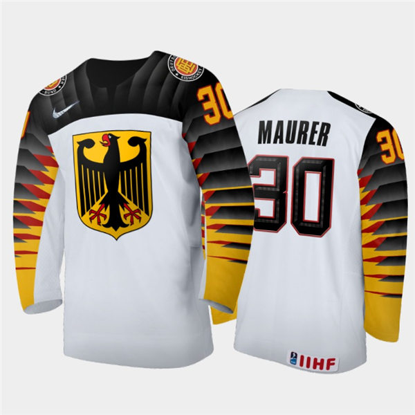 Mens Germany Hockey Team Philipp Maurer #30 Stitched 2021 IIHF World Junior Championship Home White Jersey