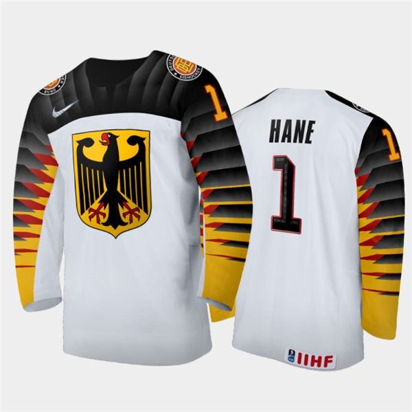 Mens Germany Hockey Team Hendrik Hane #1 Stitched 2021 IIHF World Junior Championship Home White Jersey