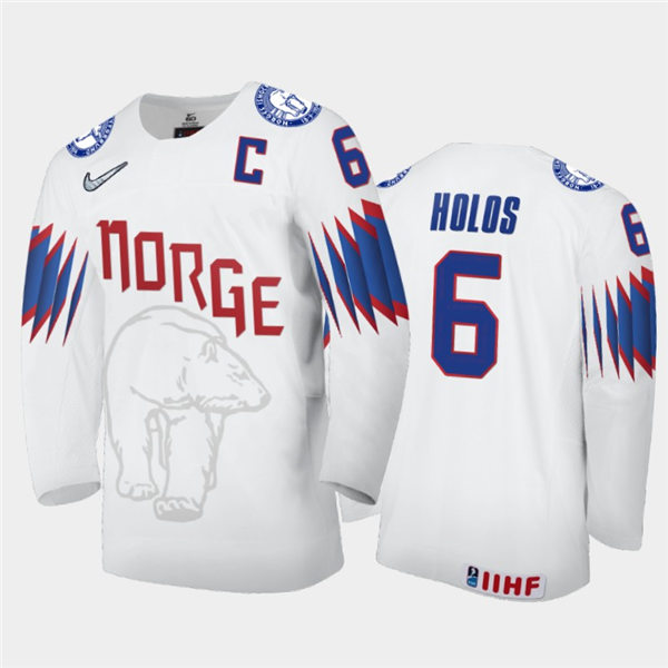 Mens Norway Hockey Team Jonas Holos #6 Stitched 2021 IIHF World Junior Championship Home White Jersey
