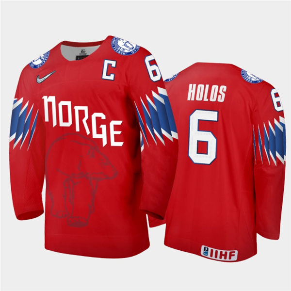 Mens Norway Hockey Team Jonas Holos #6  Stitched 2021 IIHF World Junior Championship Away Red Jersey