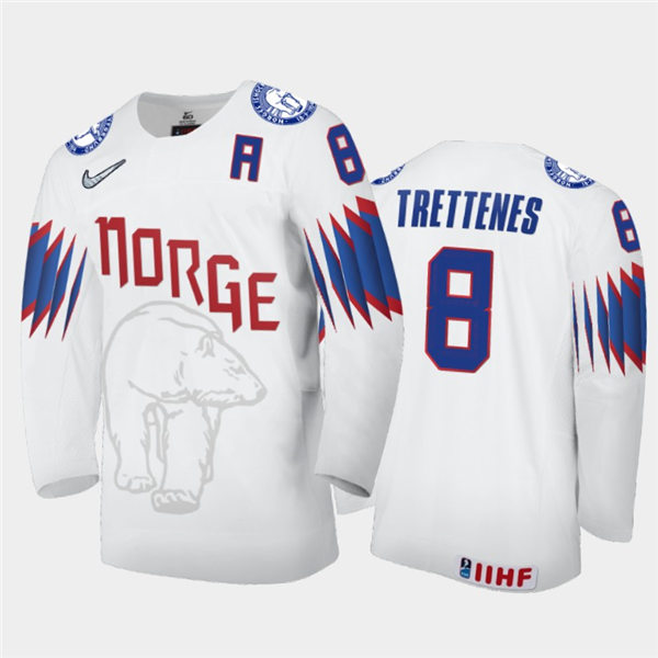 Mens Norway Hockey Team Mathias Trettenes #8 Stitched 2021 IIHF World Junior Championship Home White Jersey