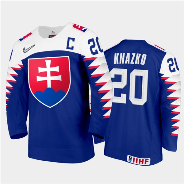 Mens Slovakia Hockey Team #20 Samuel Knazko Stitched 2021 IIHF World Junior Championship Away Blue Jersey