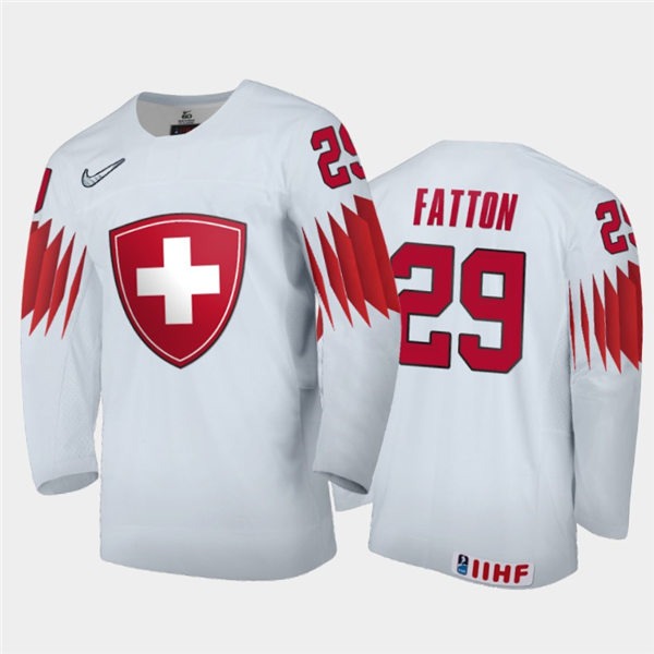 Mens Switzerland Hockey Team Thibault Fatton #29 Stitched 2021 IIHF World Junior Championship Home White Jersey