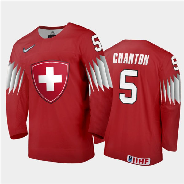 Mens Switzerland Hockey Team Giancarlo Chanton #5 Stitched 2021 IIHF World Junior Championship Away Red Jersey