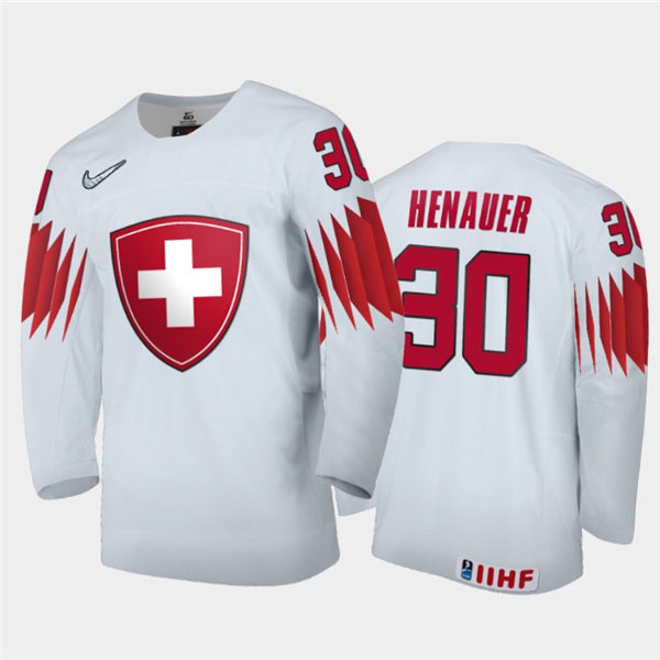 Mens Switzerland Hockey Team Andri Henauer #30 Stitched 2021 IIHF World Junior Championship Home White Jersey
