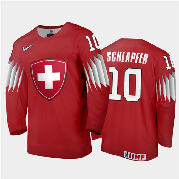 Mens Switzerland Hockey Team Elvis Schlapfer #10 Stitched 2021 IIHF World Junior Championship Away Red Jersey