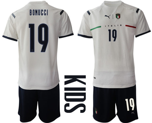 Youth Italy National Team #19 Leonardo Bonucci 2021 White Away Soccer Jersey Suit