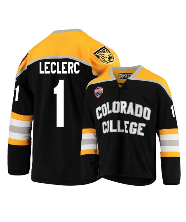 Mens Colorado College Tigers #1 Alex Leclerc K1 Sportswear Black Stitched College Hockey Jersey