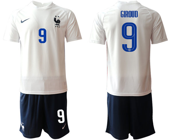 Mens France National Team #9 Olivier Giroud 2021 Away White Soccer Jersey Suit