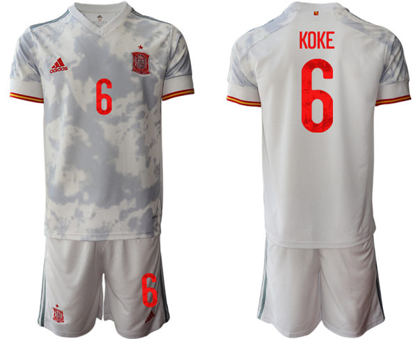 Mens Spain National Team #6 Koke 2021 Away White Soccer Jersey Kit 