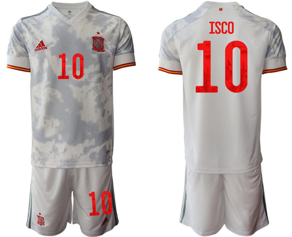 Mens Spain National Team #10 Isco 2021 Away White Soccer Jersey Kit 